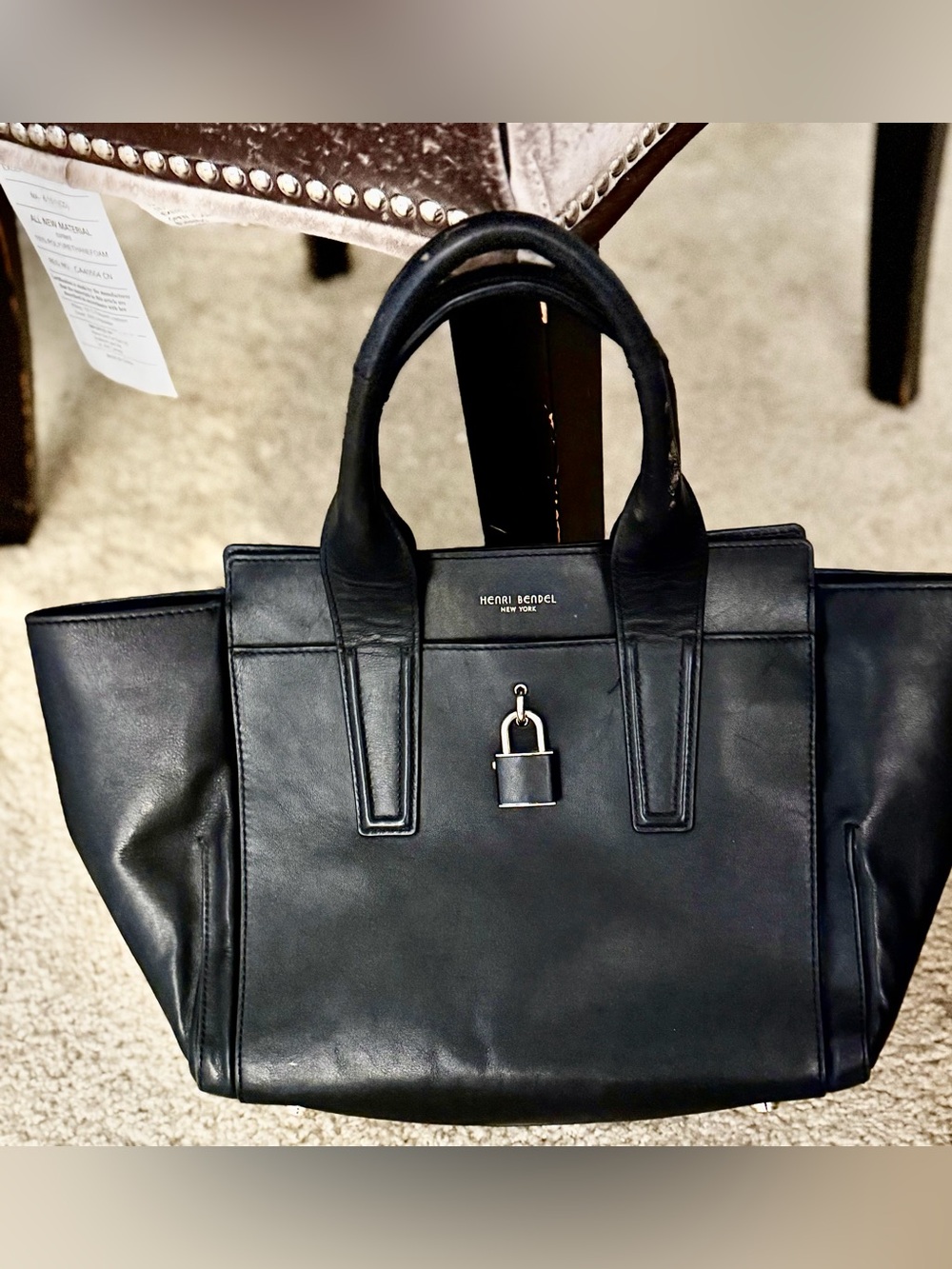 henri bendel Black Leather Tote with Padlock Accent